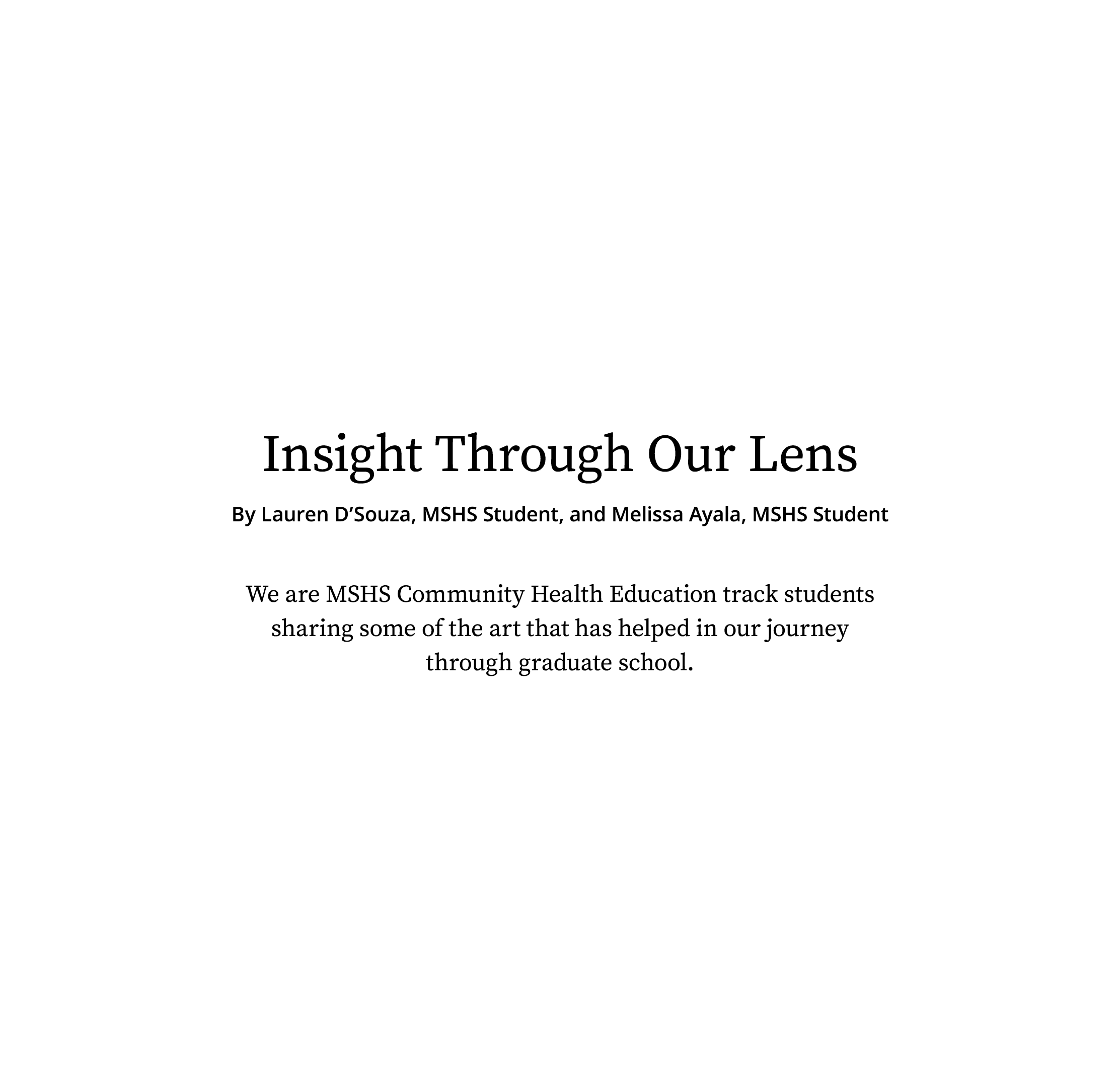 Insight Through Our Lens By Lauren D Souza, MSHS Student, and Melissa Ayala, MSHS Student We are MSHS Community Healt   