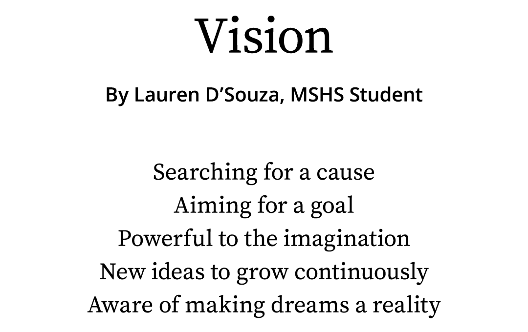 Vision By Lauren D Souza, MSHS Student Searching for a cause  Aiming for a goal Powerful to the imagination New ideas   