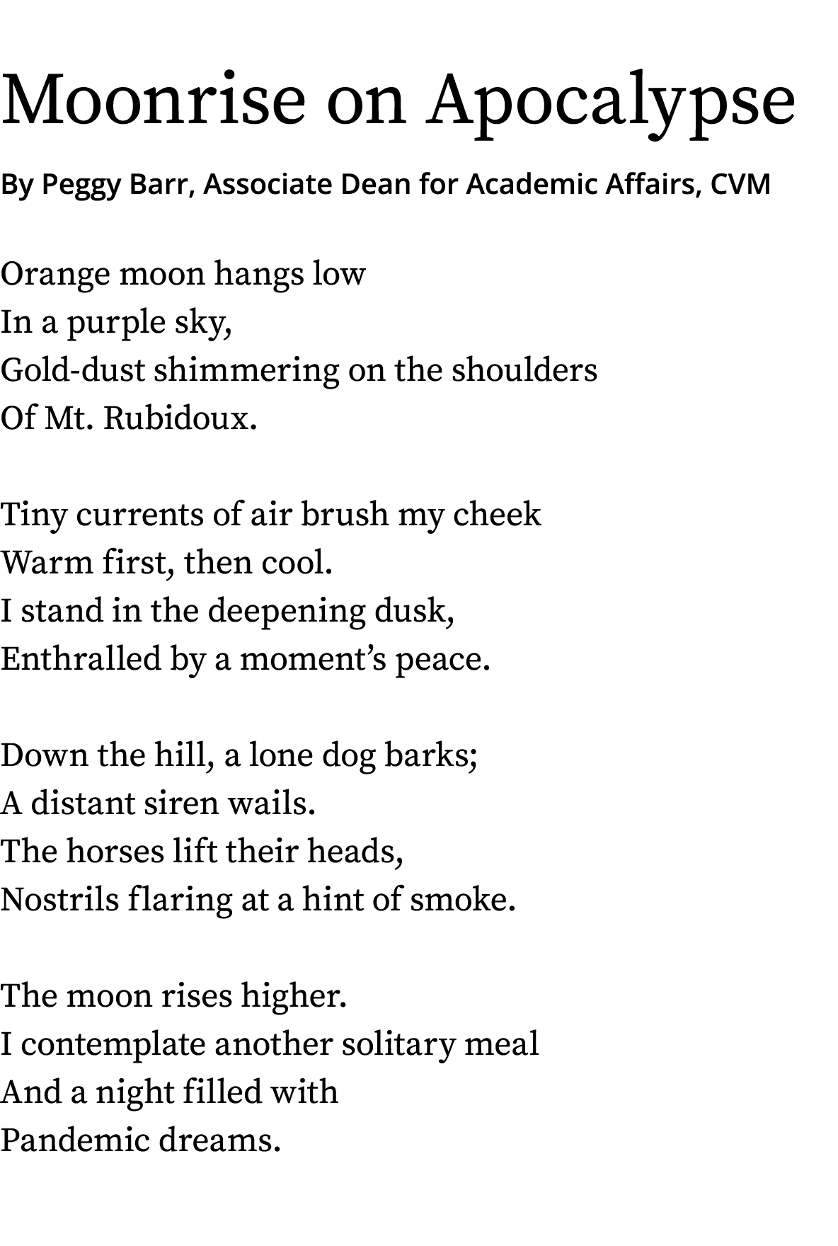 Moonrise on Apocalypse By Peggy Barr, Associate Dean for Academic Affairs, CVM Orange moon hangs low In a purple sky,   