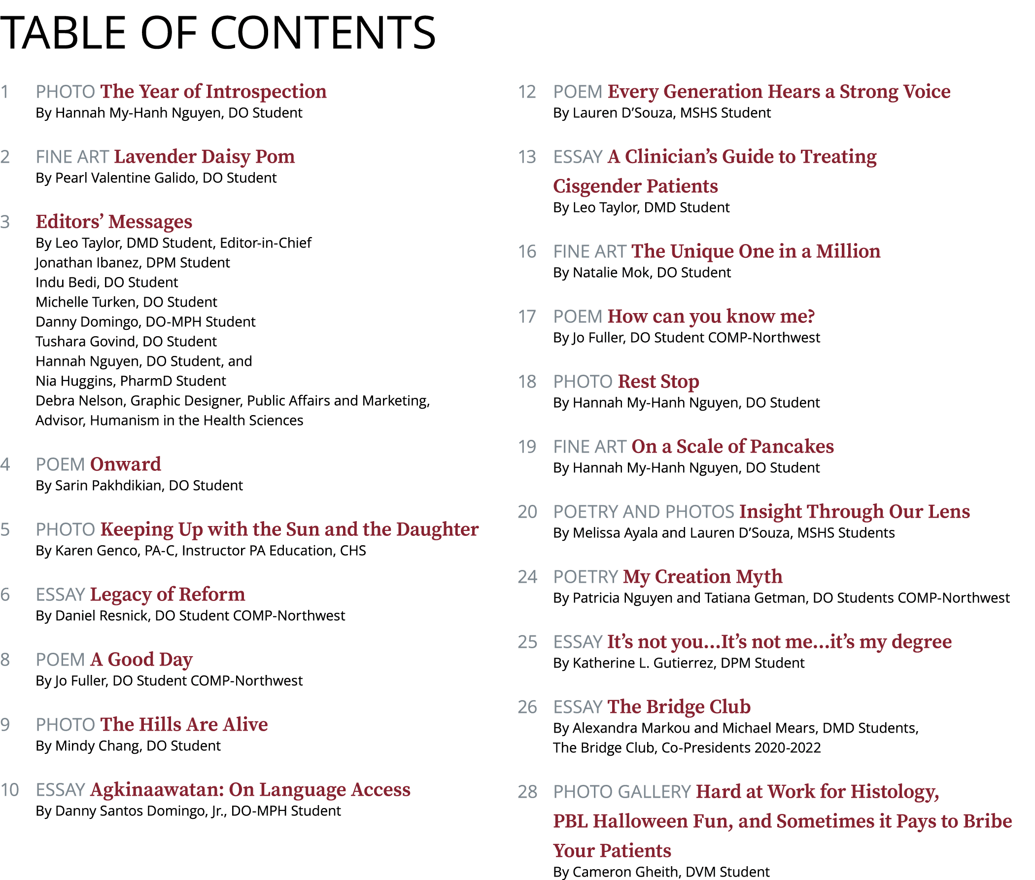 table of Contents 1 Photo The Year of Introspection By Hannah My-Hanh Nguyen, DO Student 2 Fine Art Lavender Daisy Po   