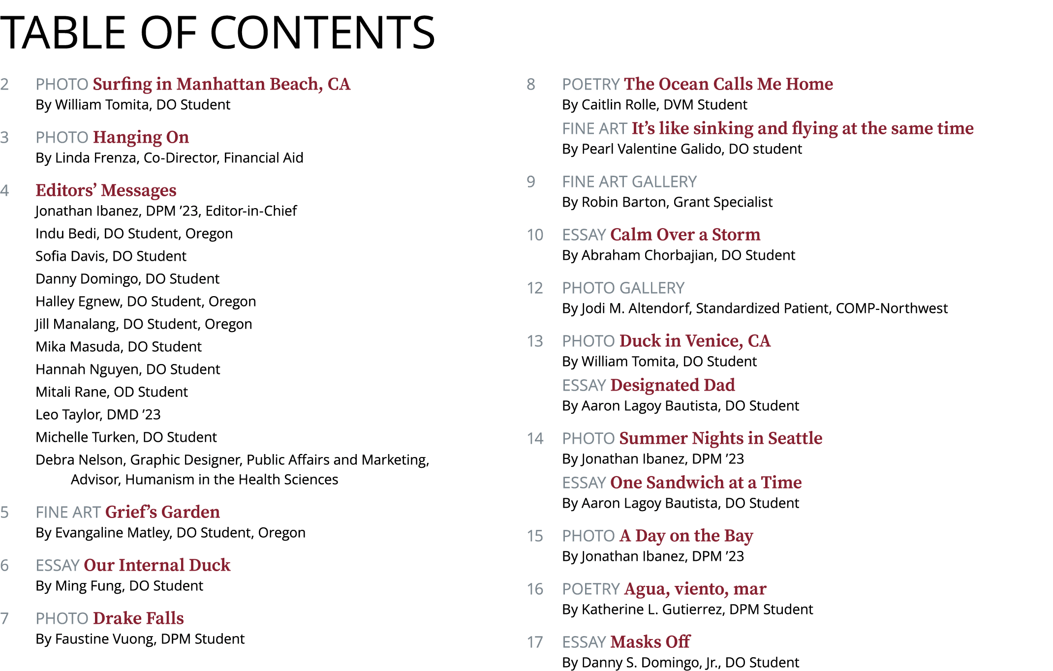 table of Contents 2 Photo Surfing in Manhattan Beach, CA By William Tomita, DO Student 3 Photo Hanging On By Linda Fr...